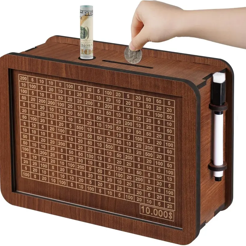 Wooden Cash Money Saving Box,Piggy Bank for Kids & Adults,10000 Savings Challenge Box,Coin Bank Toys Gift for 3-12 Year Old Boys & Girls (10000 Dollar)