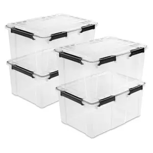 Sterilite 80 Qt Gasket Box, Stackable Storage Container with Lids, Black, 4 Pack
