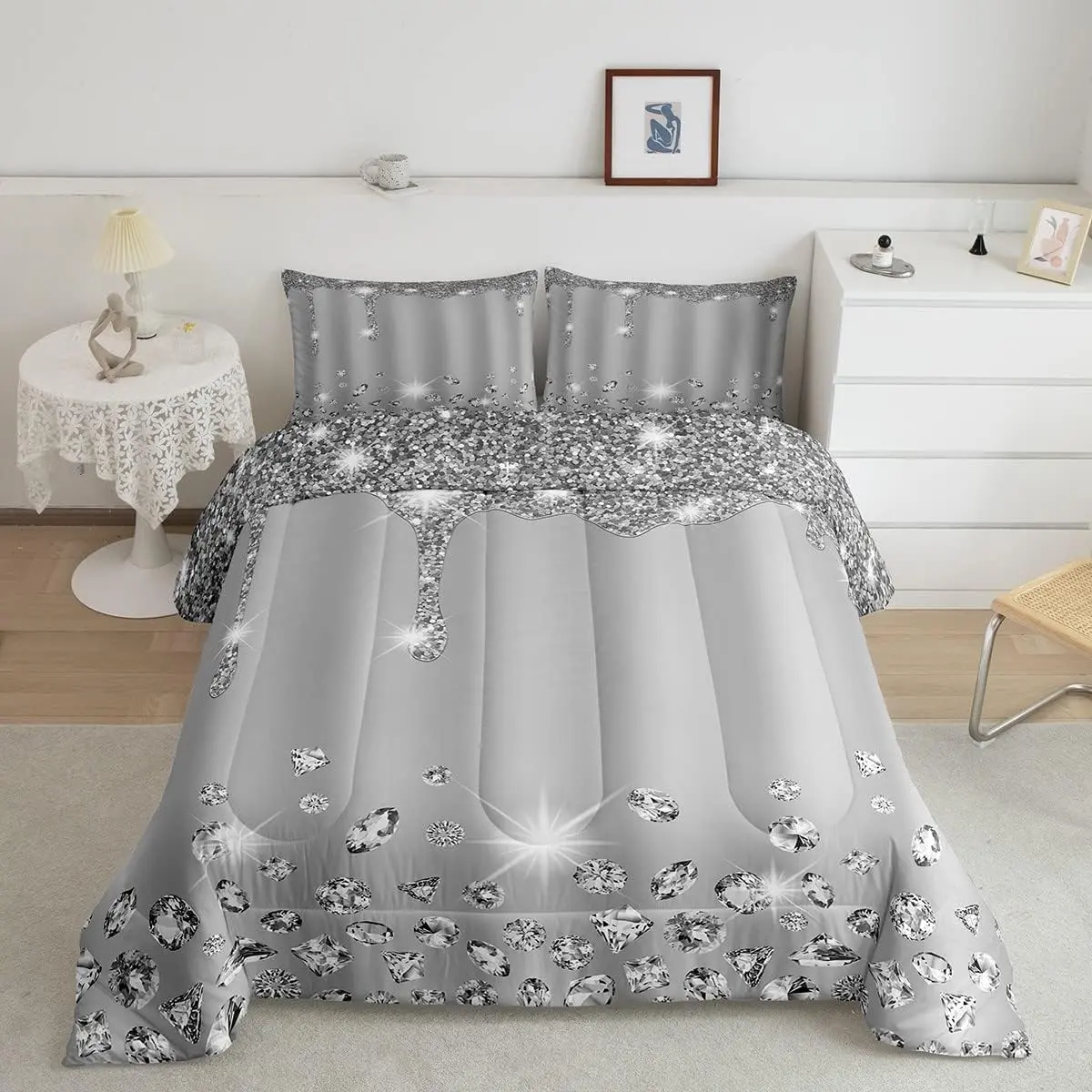 Feelyou Silver Luxury Duvet Set - Soft Microfiber Bedroom Bedding Set, Grey Digital Print Diamond Motifs, Jewelry Accents, Bling Theme Decorative Bedding for Bling Party Decor, Decorative Bedding Set
