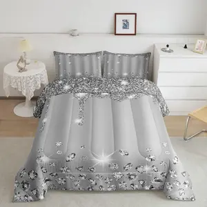 Silver Luxury Bedding Set,Bling Party Decorations Grey Designer Comforter Set,Diamond and Jewelry Comforter,Soft Microfiber Duvet Set