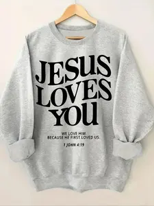 Women's "JESUS LOVES YOU" Letter Print Thermal Lined Crew Neck Sweatshirt, Casual Long Sleeve Pullover for Fall & Winter, Women's Clothes for Daily Wear