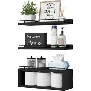 Floating Shelves for Wall with Cube Shelf, Wall Shelves with Metal Rail for Bathroom Decor, Bathroom Organizers and Storage, Over Toilet Bathroom Shelves for Bathroom, Toilet Paper-Black