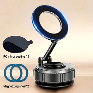 Magnetic Metal Phone Holder for Car - Magnetic Phone Mount with Foldable Base, Strong Vacuum Suction Cup, 360° Adjustable Arm, Easy Setup, Secure Grip, Included Pads, Universal for All Smartphones on Dashboard & Windshield