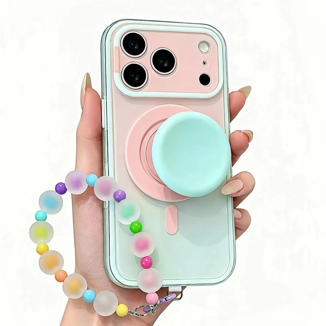[Free!!Ship!] Shockproof Gradient Phone Case for iPhone 17 Pro Max 16 15   14 with Magnetic Pop-Grip Stand Holder, Beaded Wrist Lanyard Strap
