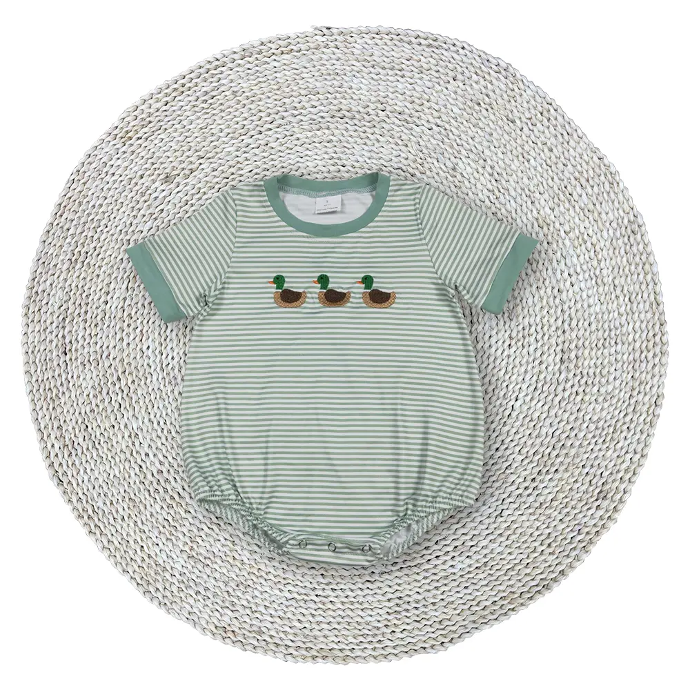 Infant Baby Boys Green Stripes Ducks Embroidery Boutique Short Sleeve Bubble Rompers
