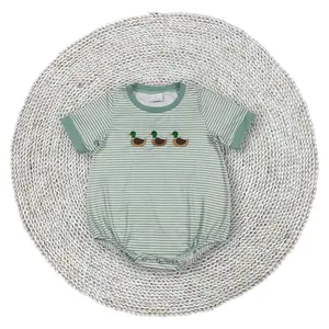 Infant Baby Boys Green Stripes Ducks Embroidery Boutique Short Sleeve Bubble Rompers