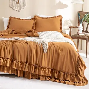 Pumpkin Farmhouse King Size Comforter,Boho Ruffled King Comforter Rustic Burnt Orange Sets 3 (1 Ruffle Comforter and 2 Pillowcases)
