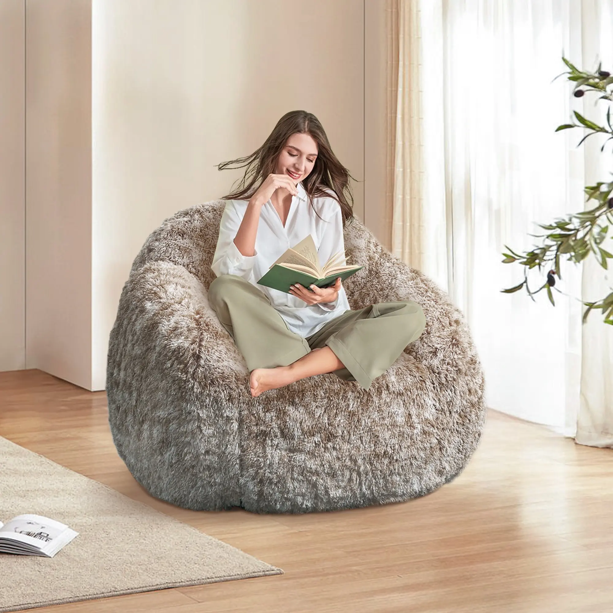 Soft Faux Fur Bean Bag Chair with Armrests, Foam-Filled Padded Lazy Lounge Sofa, Ultra Cozy Plush Gaming Seat for Bedroom Living Room Reading Relaxation, Orange