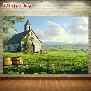 2D Flat Banner Polyester Photography Backdrop, HD Digitally Printed Soft Lightweight Foldable Church in botanical Field Landscape Background Cloth, Scenic Countryside Photo Booth Prop for Studio Portraits, Product Photography, Vid