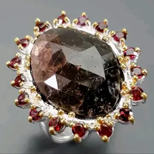 14k White & Yellow Gold Plated Sterling Silver Ring with 21x15 Black Sapphire & Rhodolite Garnet Gemstone, Size 8 9.1g