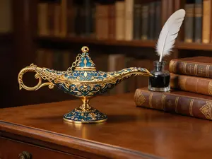 Vintage-style Aladdin magic lamp ornament in golden blue. Crafted from zinc alloy with intricate embossed details, it serves as a decorative piece and gift for home, office, or party use.
