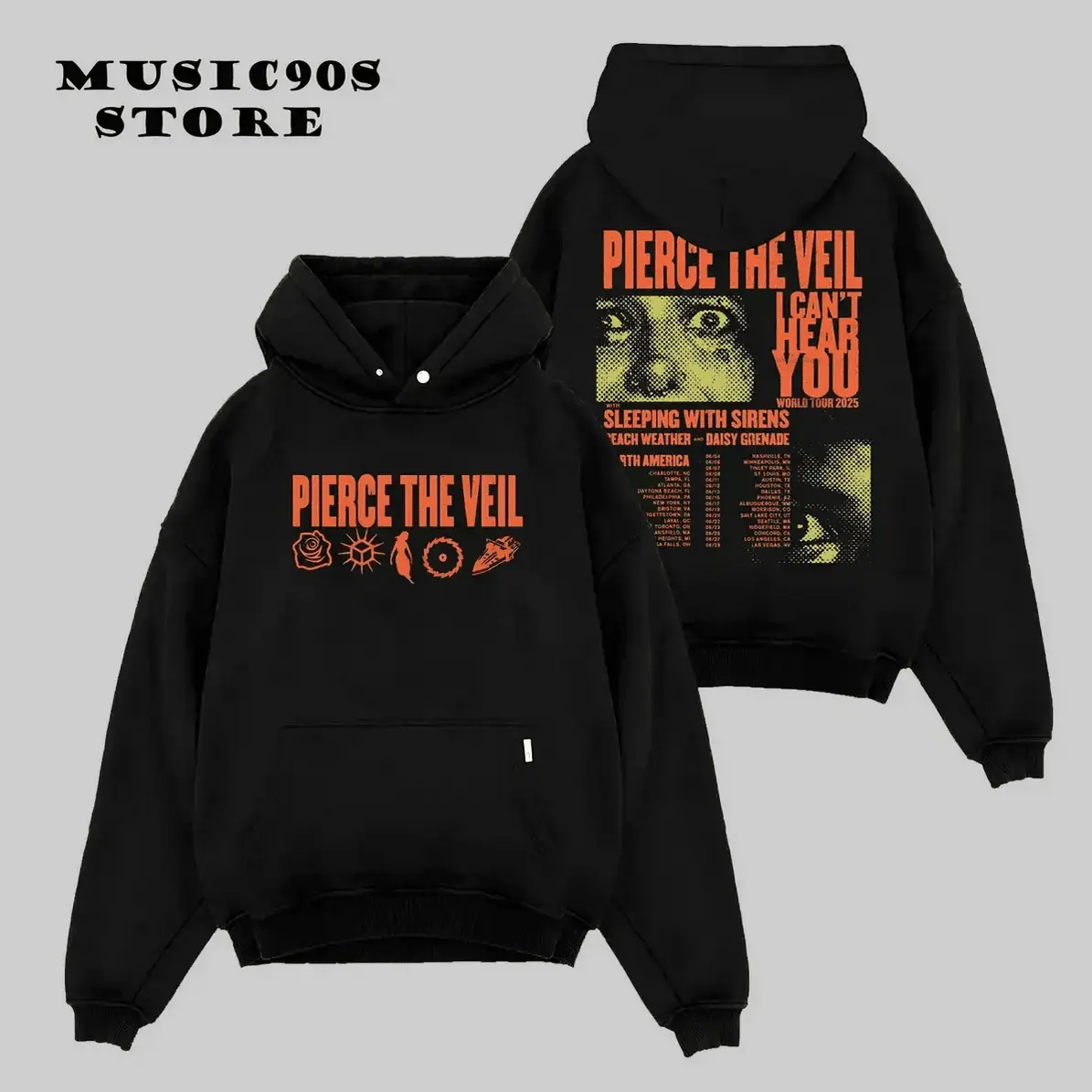 Women's Pierce The Veil 2025 Tour Long Sleeve Hoodie - Adult Size M, Lycra & Cotton, Casual Graphics Gym-to-Streetwear Metalhead Music-Themed Hoodie, Casual Women's Hoodies, Graphics Women's Hoodies