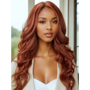 Brick Red Long Wavy Synthetic Lace Fornt Wig For Women Copper Glueless 13*4 HD Lace Front Wig With Natural Hairline Red Brown Synthetic Hair