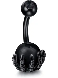 1 Pc 316L Stainless Steel Navel Rings 14G Belly Button Rings Skull Hand with Ball Belly Rings Halloween Body Piercing Jewelry Piercing Ball Holder