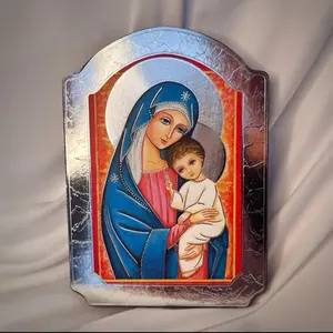 Mary and Child Jesus Icon Silver Foil Wood Catholic Byzantine Orthodox Wall Art Made in Italy Religious Gift Virgin Mary and Jesus