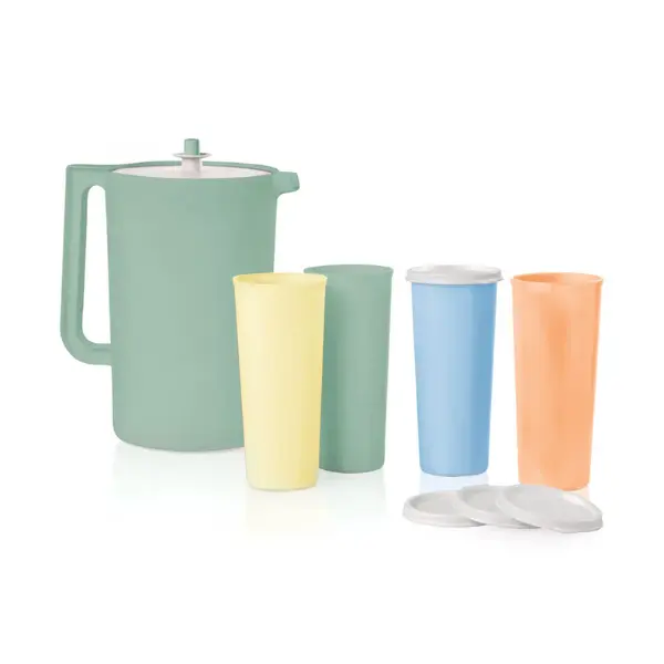 Tupperware Classic Gallon Pitcher with Secure Push Button Lid Extra Large 3.7 L Capacity Comfortable Handle Sheer Material for Easy Storage and Versatile Use; Optional Set includes 16 oz Tumblers & seals