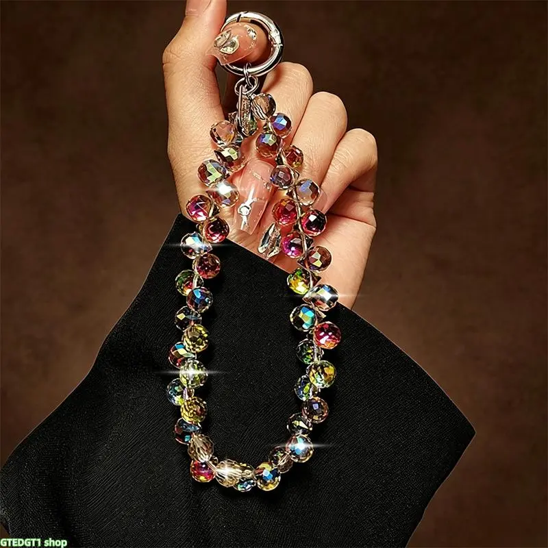 Phone Charm Wrist Strap, Iridescent Faceted Crystal Bead Hand Chain With Matching Clear Phone Patch Tab, Detachable Metal Clasp Anti Drop Lanyard For Smartphone Daily Carrying Bag Decoration And Casual Accessory Matching