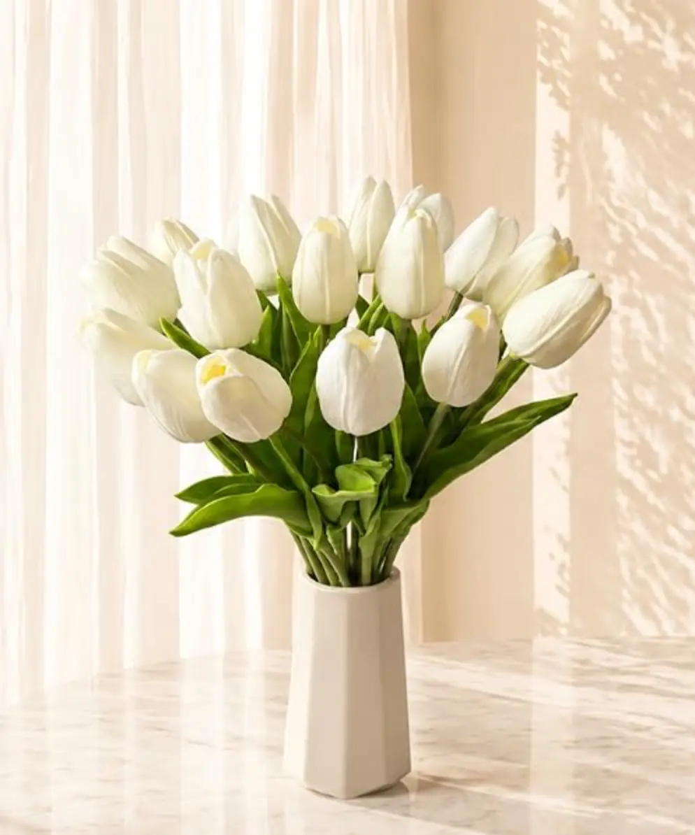 20pcs 13.5in PU Artificial White Tulips, Lifelike Faux Flowers for Kitchen Island, Dining Table Centerpieces Home Decor daisy wedding romantic room bouquet rose light maintenance decorative leaf porch patio garden decor modern simple style arch trending