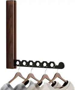 Walnut Folding Clothes Hanger Rack Wall Mounted Laundry Drying Rack Collapsible, Sapce Saving Laundry Room Hanging Rack, Clothes Storage Organizer (Walnut Wood Black)