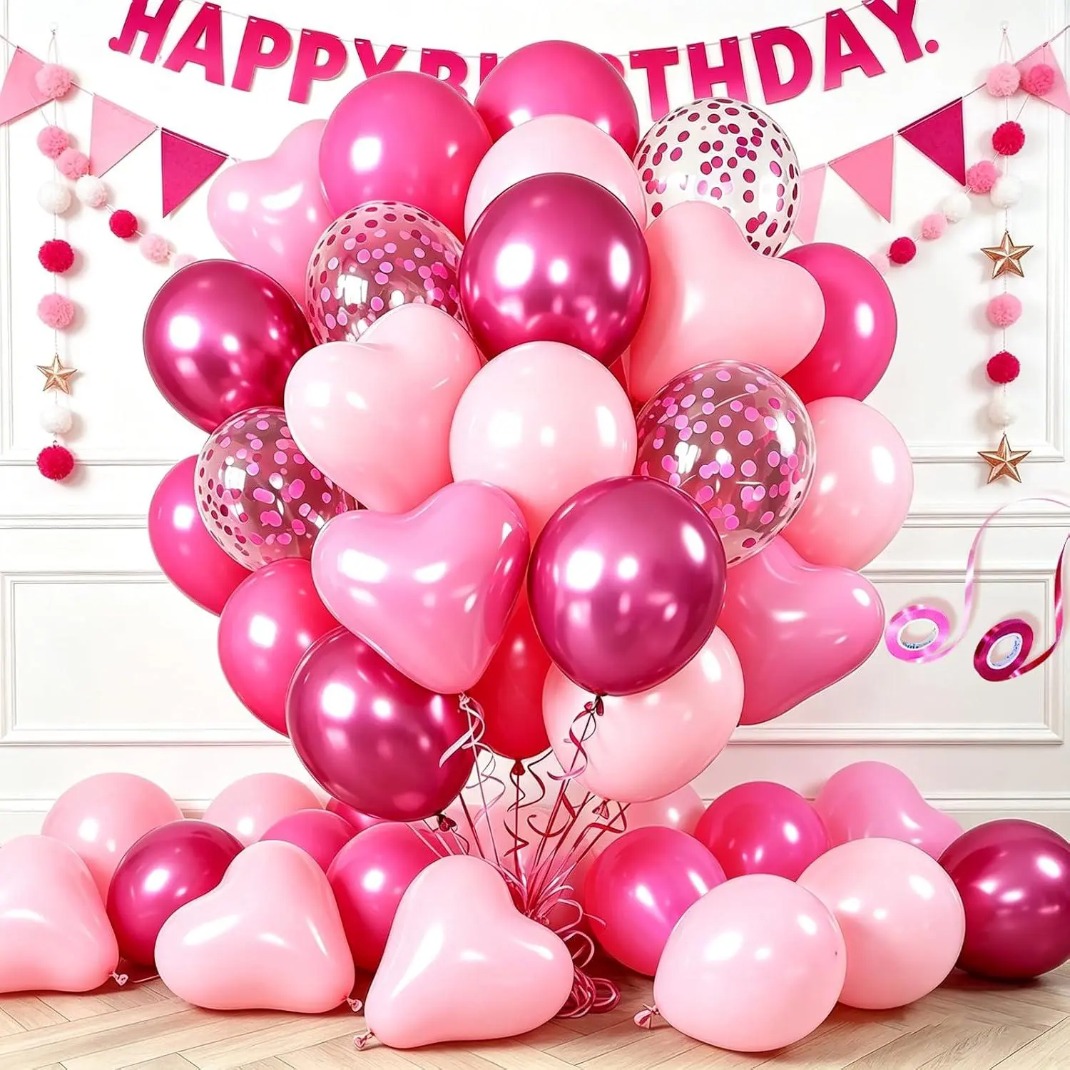 68Pcs Pink Heart Balloons Kit, Matte Metallic Confetti Heart Shaped Balloons With Ribbons, Baby Pink Hot Pink Fuchsia Latex Balloons For Birthday Wedding Graduation Party Decorations, Balloon Arch Kit