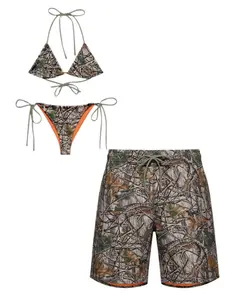 Couple Matching Camouflage Swimwear Set – Women’s Tie Side Triangle Bikini & Men’s Camo Board Shorts, Hunting Style Beach Outfit