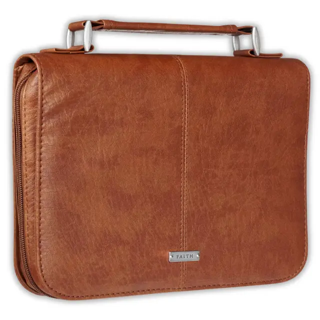 Large-Size Bible Cover, Brown Classic "Faith" Design - Bible Study Accessory with Slip Pocket, Back Slip Pocket, Cross-Engraved Zipper Pull, Christian Art Gift
