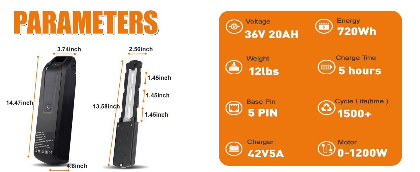 36V 20Ah Electric Bike Battery - Lithium Ion Ebike Battery Pack for 250W 500W 750W 1000W Motor, 4 Pin / 5 Pin High Capacity Replacement Battery with 40A BMS, USB Port & Safe Lock
