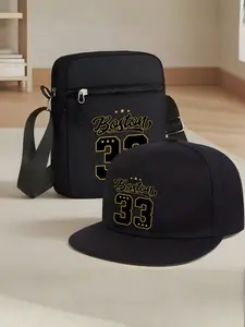Boston 33 Letter Number Print Unisex Baseball Cap and Crossbody Bag Set, Street Fashion Outdoor Sports Hat and Shoulder Bag, Adjustable
