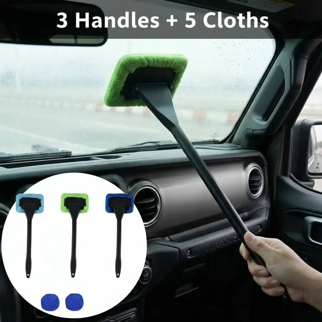 Car Windshield Cleaner Kit with 5 Washable Microfiber Pads, 3 Handles – Interior Glass Cleaning Supplies, Windshield Cleaner Sponges, Cloths & Brushes