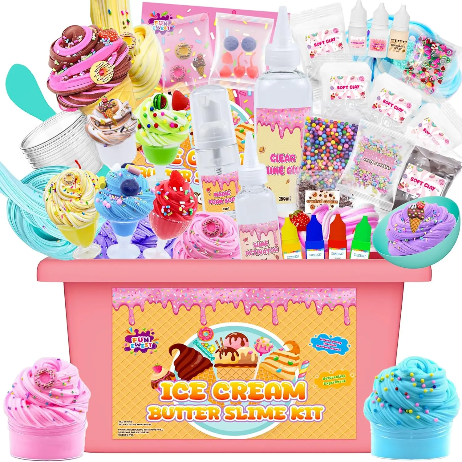 FUNEWEST Squishy Maker Kit - Ice Cream Slime Set with 3 Sweet Scents (Vanilla Included), Sprinkles, Soft Clay, Glue - 30+ PCS Kids DIY Craft Stress Relief Toys, Non-Sticky Sensory Kids Toys, Cool Gifts for Girls Ages 8-12