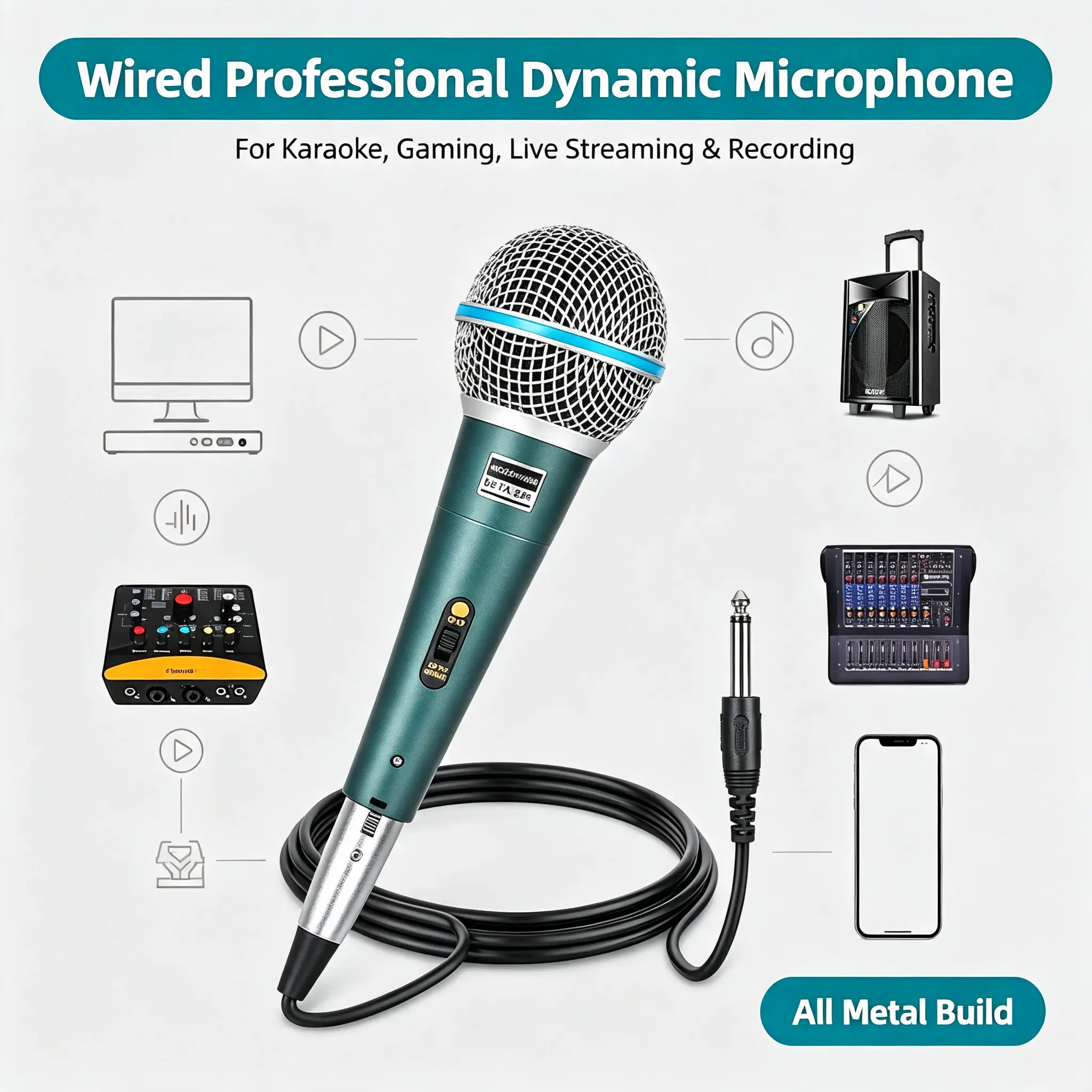 Wired Professional Dynamic Microphone, Handheld Vocal Mic for PC Karaoke Gaming Live Streaming, Compatible with Audio System Singing Recording