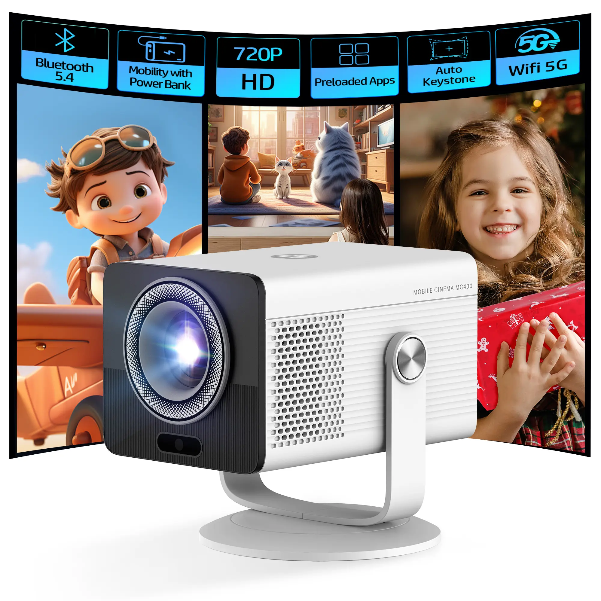 HP MC400 Mini Portable Projector 720P WiFi Bluetooth 90° Rotatable Home Theater USB-C HP MC400 Mini Portable Projector 720P WiFi Bluetooth 90° Rotatable Home Theater USB-C