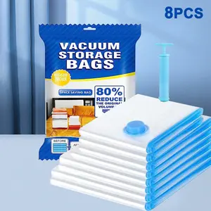 8 Pack Vacuum Storage Bags Space Saver Bags 1 Hand Pump Compressed for Clothing Comfort Items & Blankets Airtight Double Zip Seals PA PE Materials - Household