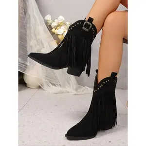 Women's denim boots, cowgirl boots with fringe, metal rivets and vintage straps at the top, pointed toe western ankle boots, chunky heel slip-on design, fashionable and comfortable, suitable for casual denim outfits or elegant dresses, Cowboy Boots