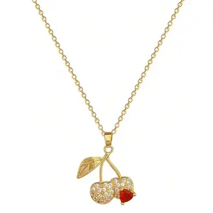 Stainless Steel Red Cherry Pendant Necklace, Sparkling Rhinestone Choker, Fashion Clavicle Chain for Women, Ideal Gift for All Occasions