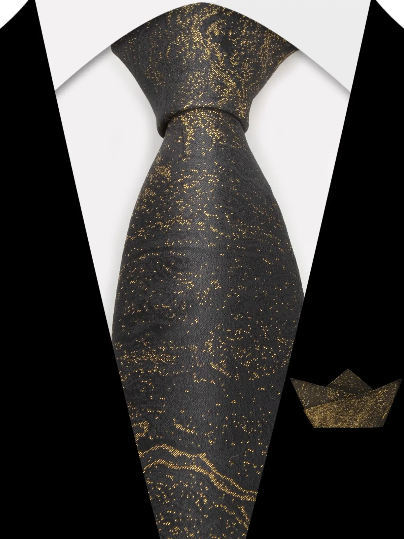 2pcs Gold Tie and Handkerchief Set, Marble Texture, Men's Formal Wear, Wedding Tie, Business, Luxury Style, Stylish Tie Design, Jacquard Necktie
