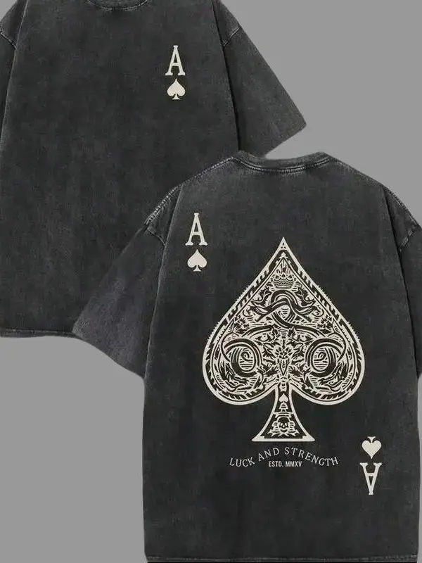 Vintage Ace of Spades T-Shirt, Washed Black Cotton Oversized Short Sleeve Tee, Retro Poker Card Graphic Casual Crewneck Shirt for Men Women Menswear Top Man Tshirt Streetwear Operator