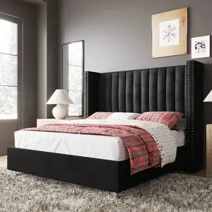Queen/King Size Upholstered Platform Bed Frame With Tall Wingback Headboard, Velvet Fabric And Durable Frame, Easy Assembly, Noise-Free Support, No Box Spring Required, Black