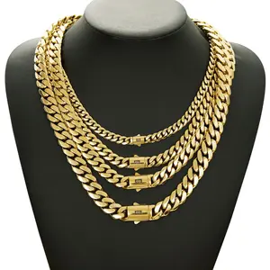 High-end European/American 14K gold-plated stainless steel Cuban chain necklace, interlocking links, unisex fashion jewelry