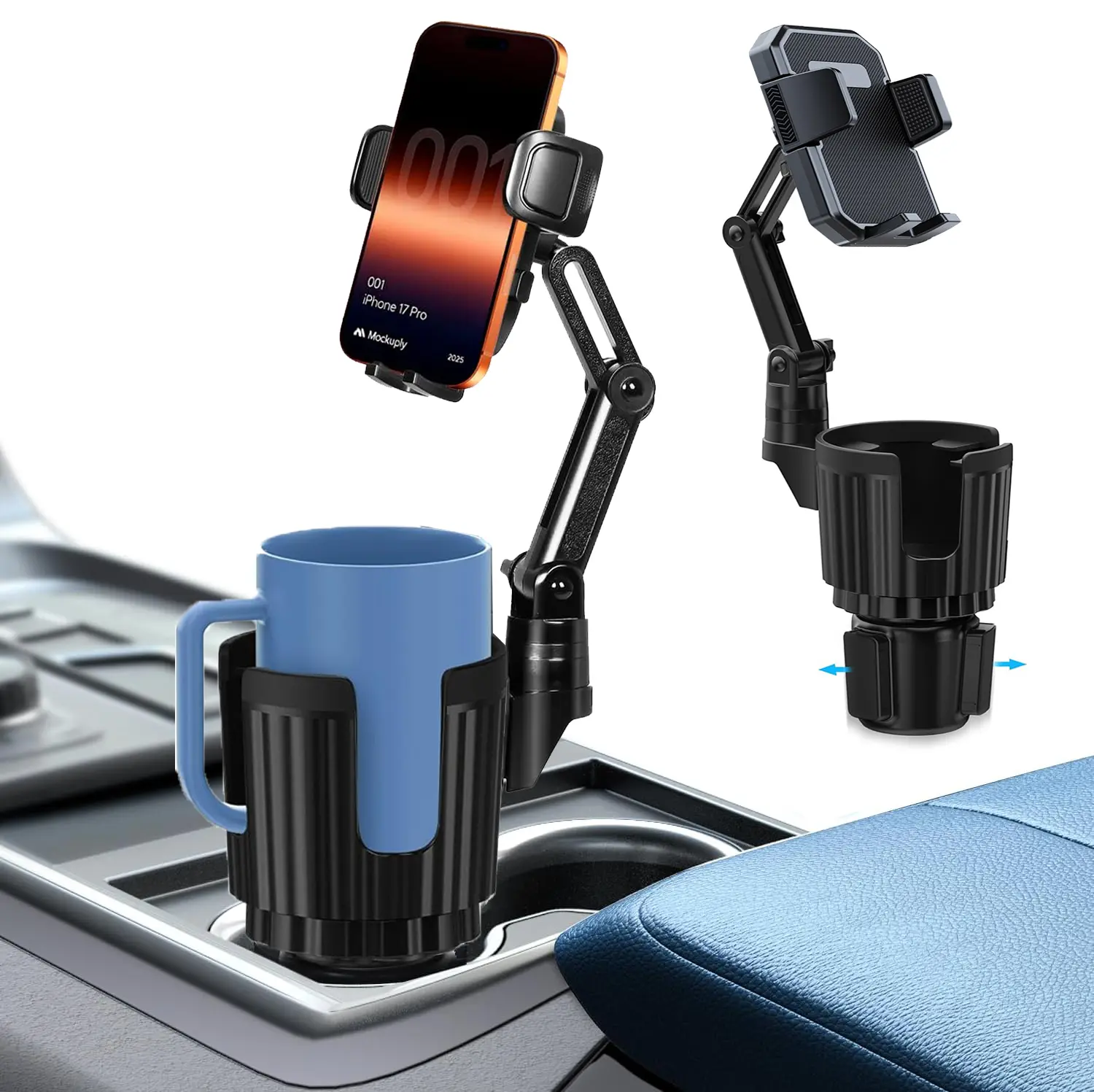 Adjustable Cup Phone Holder for Cars, 360° Rotation Fits Most Bottles Smartphones Universal Design Maximize Drink Storage Secure Smartphone Mount Compatible with Foldable Phones, Car Phone Holders, Cell Phone Car Mount