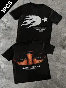 Men's Fire & Star Print Round Neck Tee, Loose Casual Fashion Short Sleeve T-shirt for Daily Wear, Men's Top for All Seasons, Tropical, Casual Stylish Tee