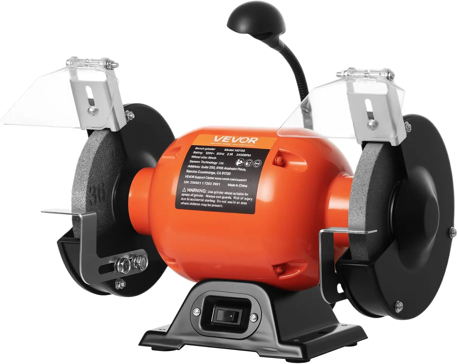 VEVOR Bench Grinder, 6-inch Single Speed Bench Grinder, 3450RPM High-Speed Table Grinders with 250W 2.1A 1/3Hp Induction Motor, 36/60-Grit Grinding Wheels & LED Work Light for Fast Sharpening Grinding