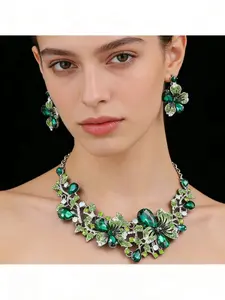 Elegant Floral Necklace & Earrings Set, Colorful Crystal Jewelry for Party Dresses, Bridal Banquet Photo Accessories
