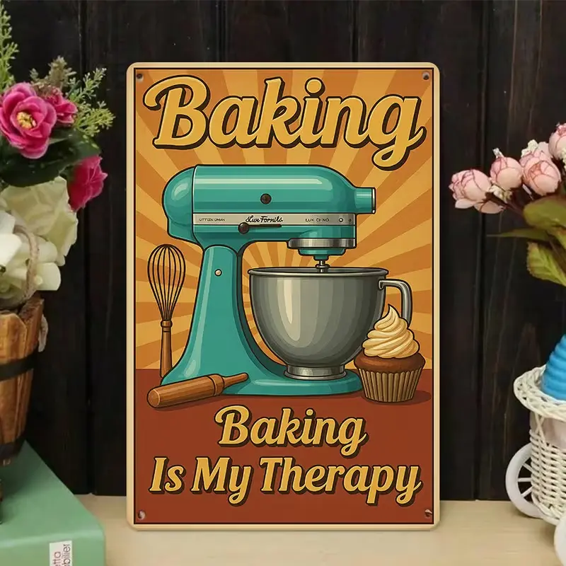 8x12 in Waterproof Metal Tin Sign - Baking Is My Therapy Vintage Teal Stand Mixer Cupcake Retro Sunburst Distressed Wall Plaque, Farmhouse Kitchen Decor for Bakers, Motivational Hanging Display with Hanger