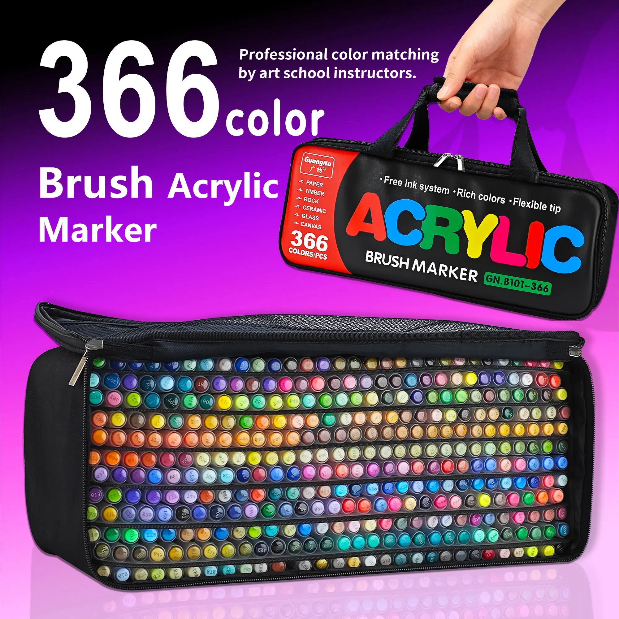 GuangNa's classic 366-color professional illustrator version acrylic paint marker pen, featuring direct liquid automatic ink control acrylic paint marker, offers a vast array of colors. With its felt-tip (soft tip) design, the brush stroke is elastic