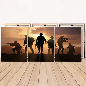 3 Counts Wooden Framed Canvas, Brave Soldiers Silhouette At Sunset Images, Exquisite Poster, Perfect Living Room Decoration, Modern Art, Fashion Family Poster, Wall Art Decoration, Waterproof Art