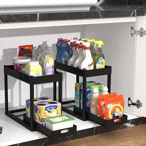 2pcs Under Sink Organizer Multi Purpose Black Plastic Storage Basket with Sliding Shelves and 8 Hooks Durable Metal Construction Bathroom Kitchen Cabinet Spice Rack Mother's day Gift Valentines gift