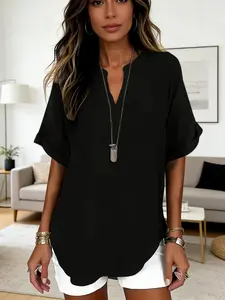 Women's Plain V-neck Short Sleeve Blouse, Casual Solid Color Top for Daily Wear, Ladies Clothes for All Seasons