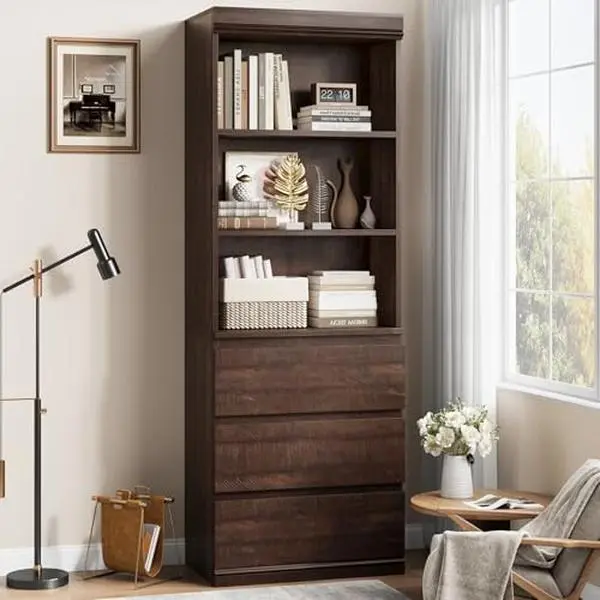 GARVEE 70" H Bookcase with 3 Storage Drawers,Tall Bookshelf w/ 3-Tier Open Shelf, Morden Storage Bookcase Wooden Deep Bookshelves Storage Cabinet Organizer for Library Office Living Room (Brown)