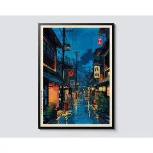 Tokyo Tea House Cartoon Japanese Illustration, Anime Style City Street Cafe Scene Wall Art Print, Modern Ukiyo-e Decor Poster